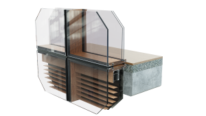 הדמיה תלת־ממדית של מערכת חזית כפולה (Double Skin Facade) עם פרופילי במבוק, תריס צילון במבוק פנימי וזיגוג בידודי.