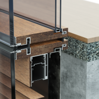 חתך טכני של מערכת קיר מסך במבוק, כולל פרופיל זיגוג כפול, פרופילי במבוק ורכיבי אלומיניום.